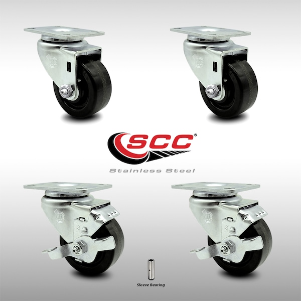 3 Inch SS Phenolic Swivel Top Plate Caster Set with 2 Brakes